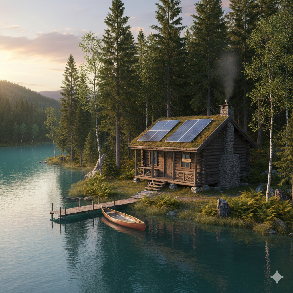 stuga med solpanerler vid sjö
